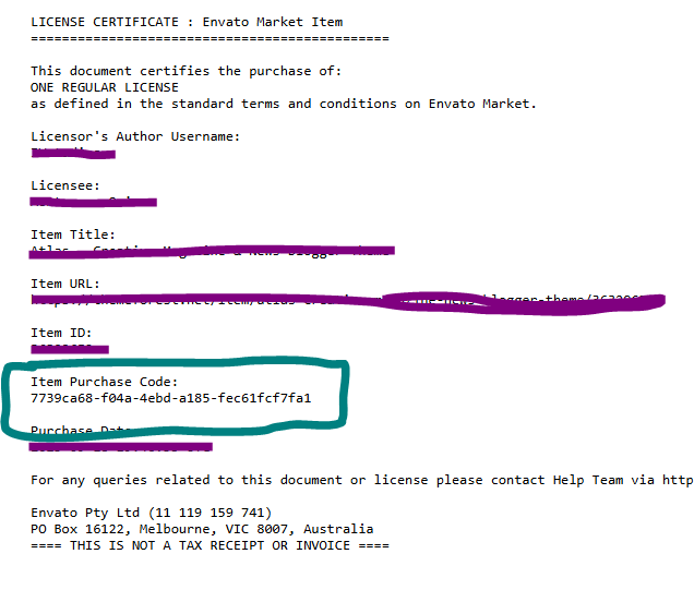 item purchase code on envato